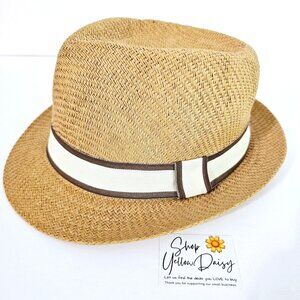 Henschel Medium‎ Natural Straw Fedora Hat With Brown & White Trim Band USA《804》A